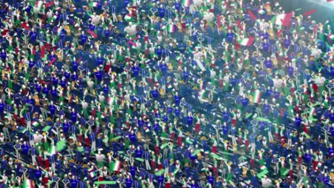 体育场看台上印有意大利国旗颜色的人群。激动的足球迷挥舞着旗帜
