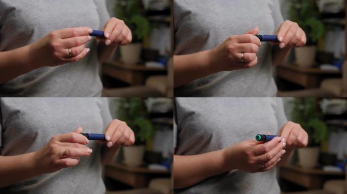 一位糖尿病妇女在注射器笔上拨打正确剂量的胰岛素的特写镜头。