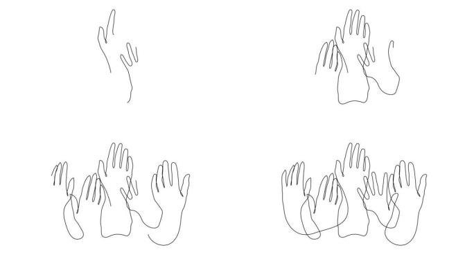 一群人举起手来的连续线条自画动画。业务团队工作理念。全长运动。