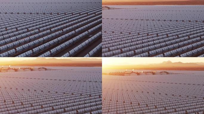 抛物线槽太阳能发电厂的朦胧日出-空中