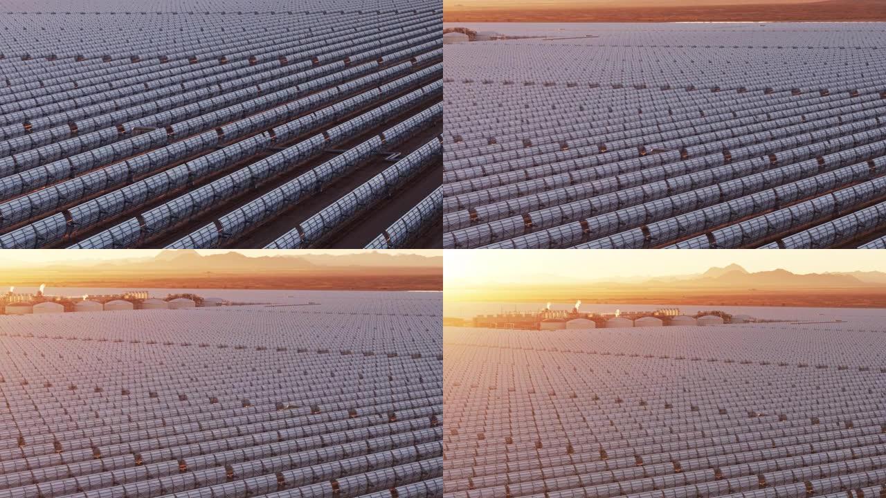抛物线槽太阳能发电厂的朦胧日出-空中