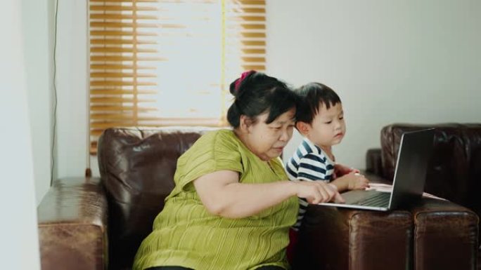 小儿子和奶奶玩笔记本电脑上的视频剪辑。