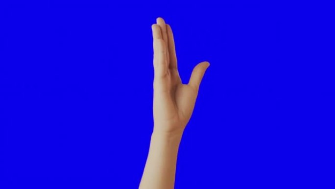 在蓝色背景上显示问候手势的手