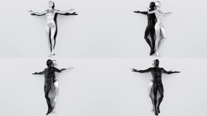 男女3D模型背靠背旋转-4k镜头。股票视频