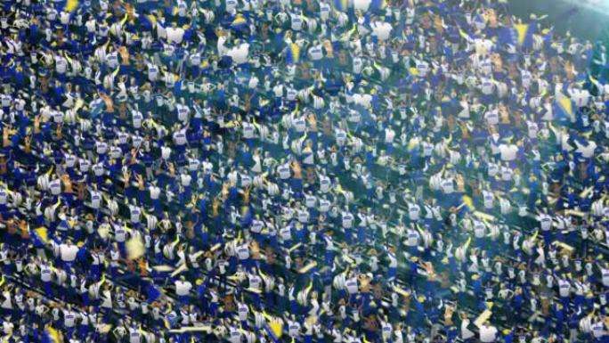体育场看台上印有波斯尼亚和黑塞哥维那国旗颜色的人群。激动的足球迷挥舞着旗帜