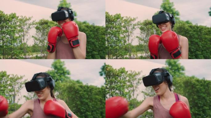 VR护目镜中的女拳击手练习战斗