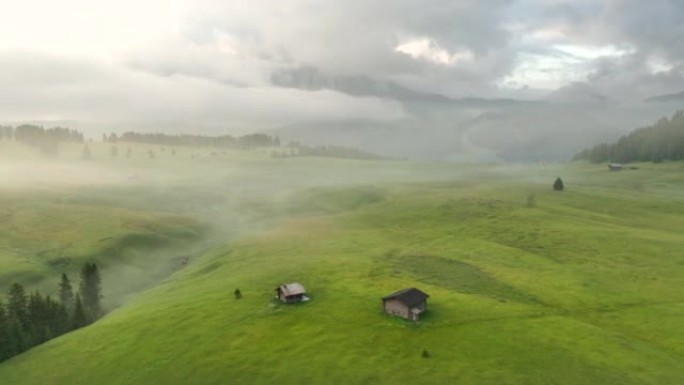 阿尔佩·迪·苏伊西，多洛米蒂。意大利高山草甸山高原的空中无人机视图。南蒂罗尔田园诗般的阿尔姆山谷的日
