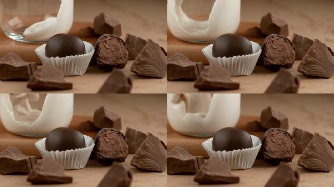 牛奶巧克力松露，慢动作倒入牛奶。用幻影弹性4k相机拍摄。