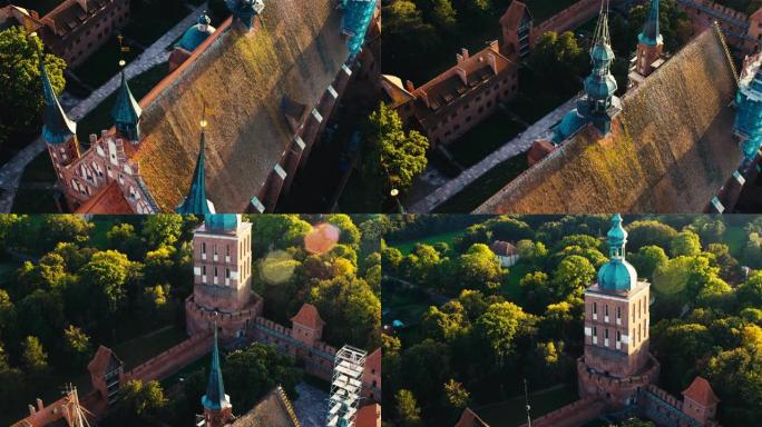 波兰Frombork古城鸟瞰图。哥白尼博物馆的特写