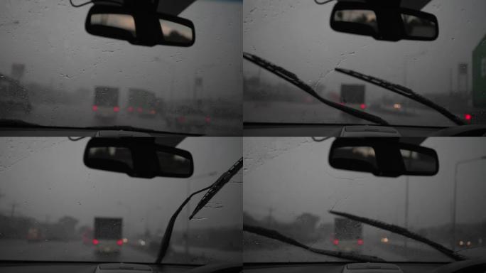 在高速公路上的暴雨中驾驶汽车