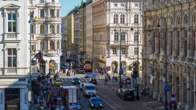 奥地利维也纳，历史中心穿越街道的交通和游客的延时视图