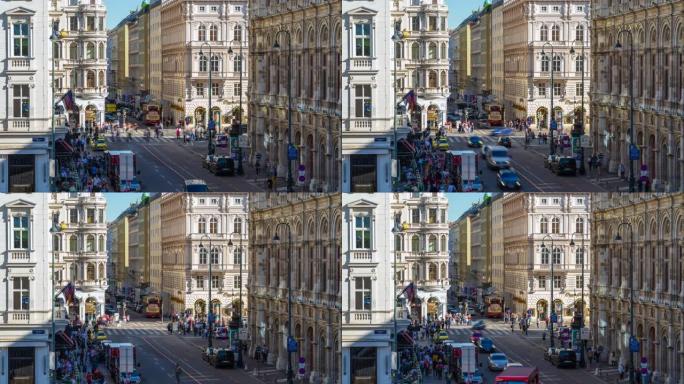奥地利维也纳，历史中心穿越街道的交通和游客的延时视图