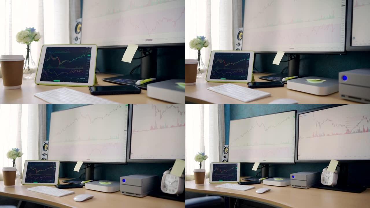 没有人家庭办公室设置。桌子上有一个电脑显示器和一个供股票投资者使用的平板电脑。在房子的卧室里。
