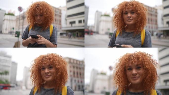 一名中年妇女在街上使用手机的肖像