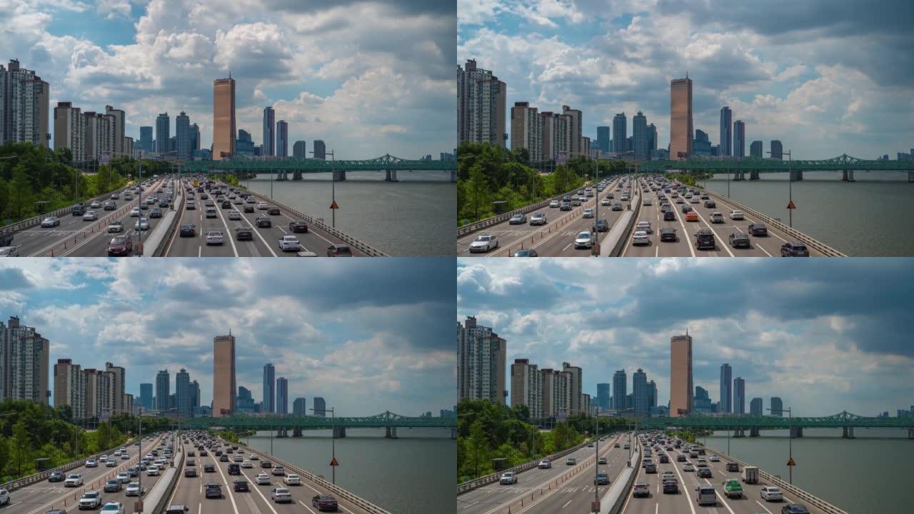 首尔市的风景，与韩国汉江的交通。夏天