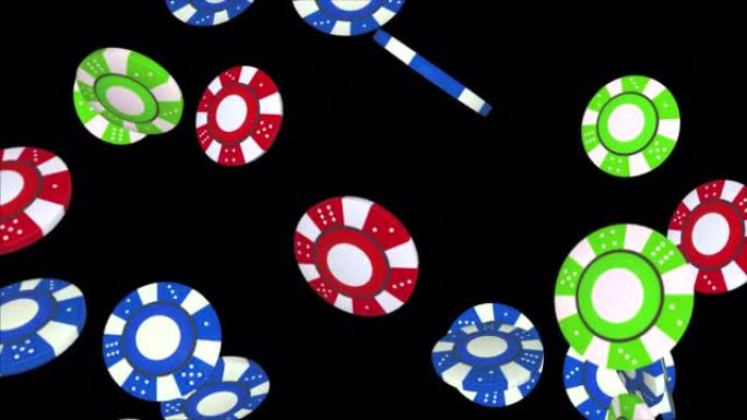 金色赌场筹码从顶部落在黑色背景4K 3D阿尔法绿色屏幕循环动画。，