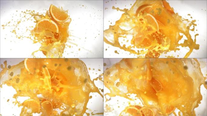 爆炸橙和爆裂果汁和切片的超慢动作