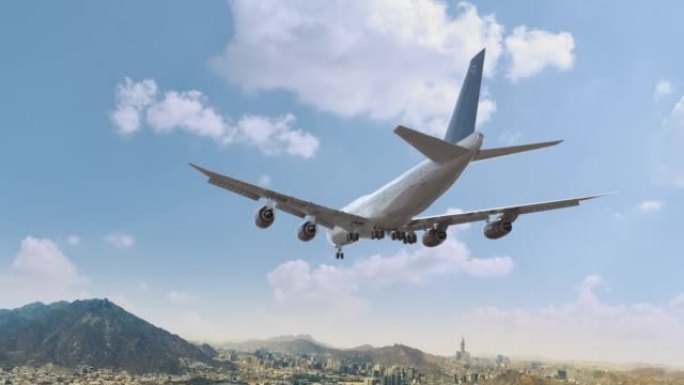 客机飞行和降落麦加麦加沙特阿拉伯。飞机概念