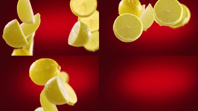 深红色背景下的柠檬和切片飞行