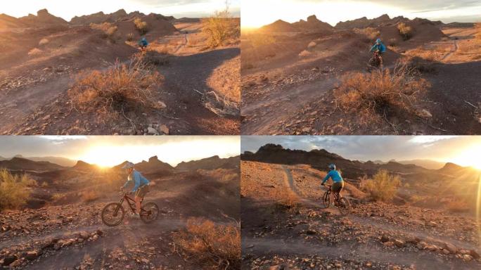 女山地自行车手在日落时分享受沙漠之旅