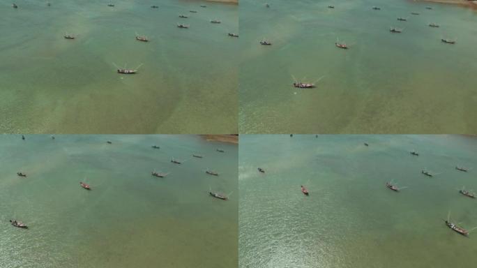 在泰国昌丰奥通萨昂湾的Pha Daeng，用当地设备捕捞鱿鱼的海中渔船的鸟瞰图