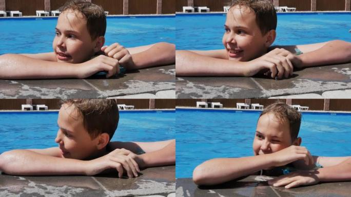 肖像: 一个十几岁的女孩用手靠在游泳池的边缘，在阳光明媚的夏日里近距离游泳，交谈，同时在蓝色的游泳池
