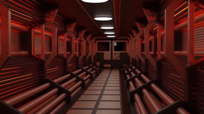 抽象的走廊。设计。一个明亮的红色照明房间，里面有灯、门、下面的管道作为背景。