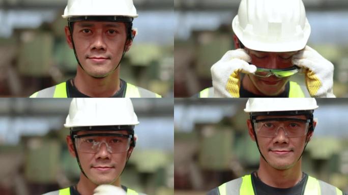 亚洲男子工人肖像看相机。重工业制造业中的金属机械。亚洲男工厂工人戴安全安全帽头盔