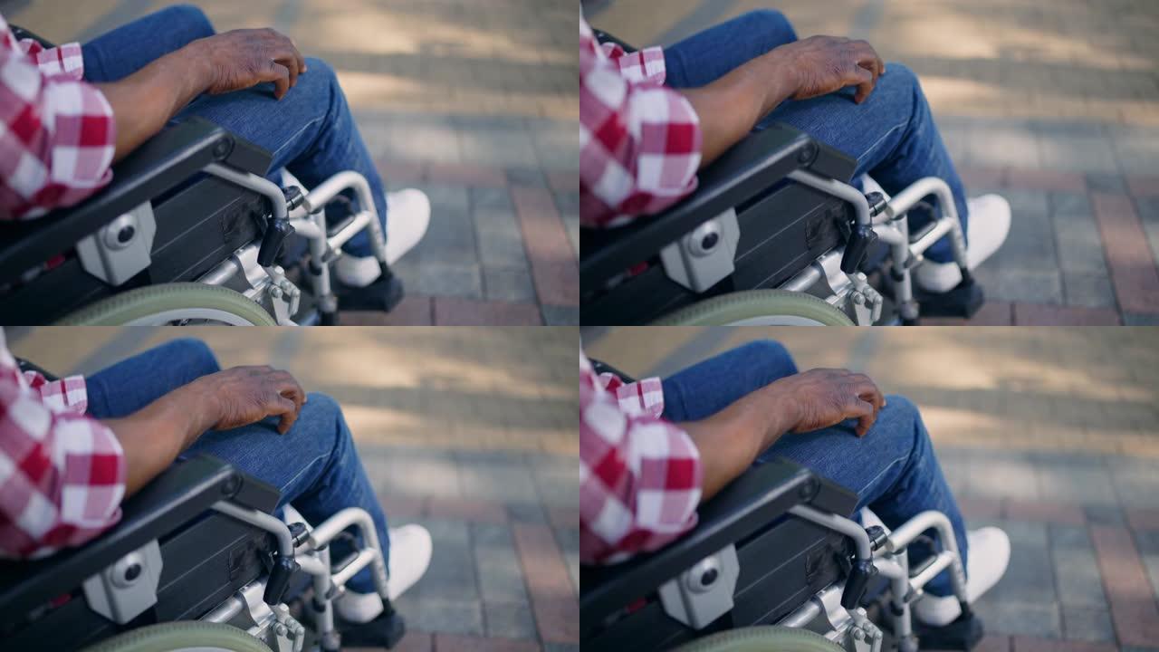 坐在轮椅上的无聊男子打鼓手指等待交通无障碍问题