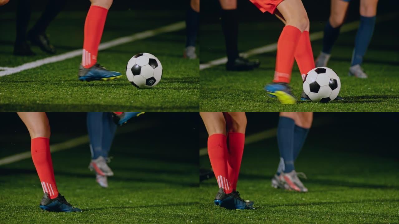 一名女足球运动员晚上踢球的SLO MO TS腿