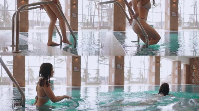年轻女子在室内游泳池游泳，在现代水疗中心、健康中心和水疗中心享受和放松