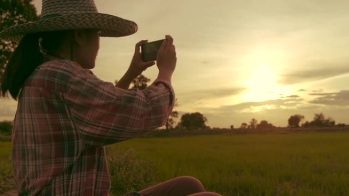 日落时坐在稻田里流动的亚洲女农民。