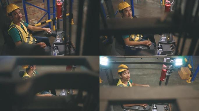 叉车在仓库的物流中行驶。