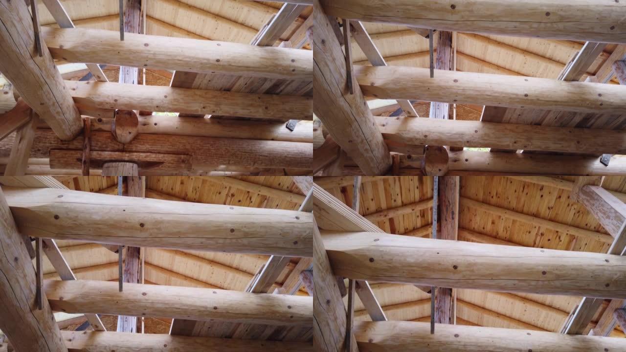 木屋结构的内部，正在建造的木制结构的细节，房屋由木屋制成