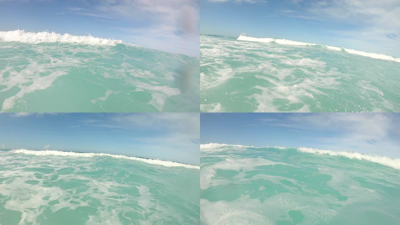 第一人称慢动作拍摄向相机撞击的波浪