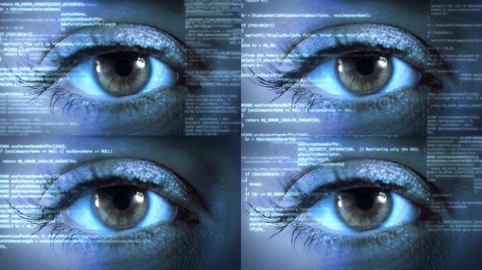 黑客未来技术的4k环眼人眼全息界面动画的宏观拍摄。