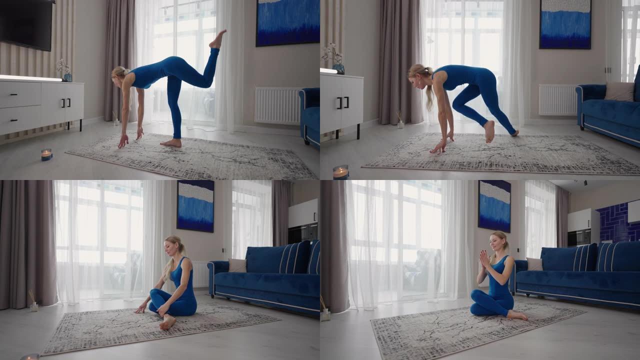 女性在家做瑜伽练习，伸展灵活的身体，把手放在垫子上。女运动员在客厅进行健身训练，享受体育锻炼健康的生