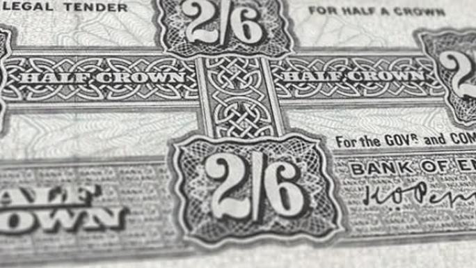 英国英镑纸币-2先令6便士-带皇冠全息图的5英镑纸币细节-英语2先令6便士纸币-新聚合物的内部特写镜