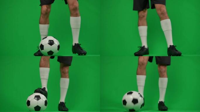 自信的无法识别的足球运动员在绿屏模板上上下传球。年轻健康的白人运动员的腿在chromakey背景模型