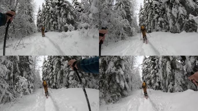 在白雪皑皑的森林中滑雪时的第一人称视角