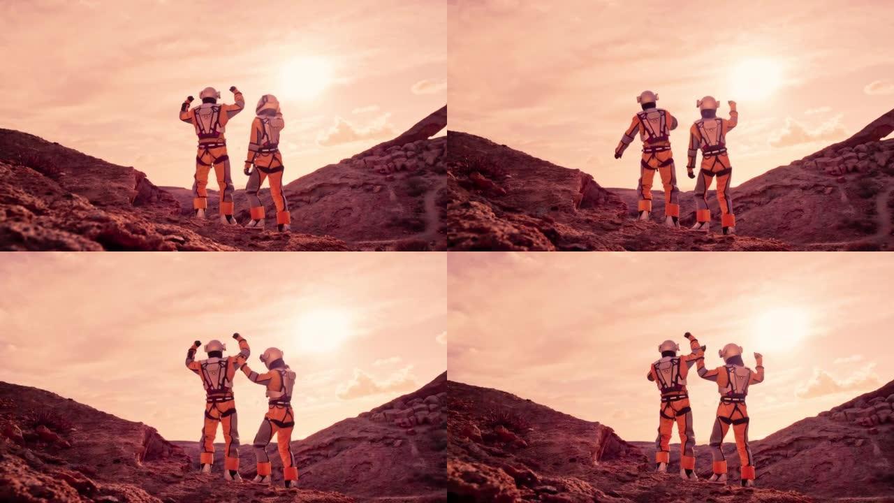 火星红色星球上的两名宇航员。庆祝科学发现