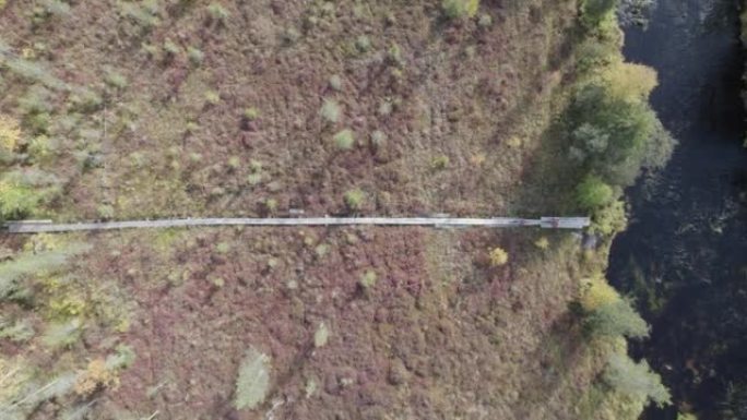 空中无人机拍摄了一对山地自行车夫妇在森林中的木制小径上骑行的镜头