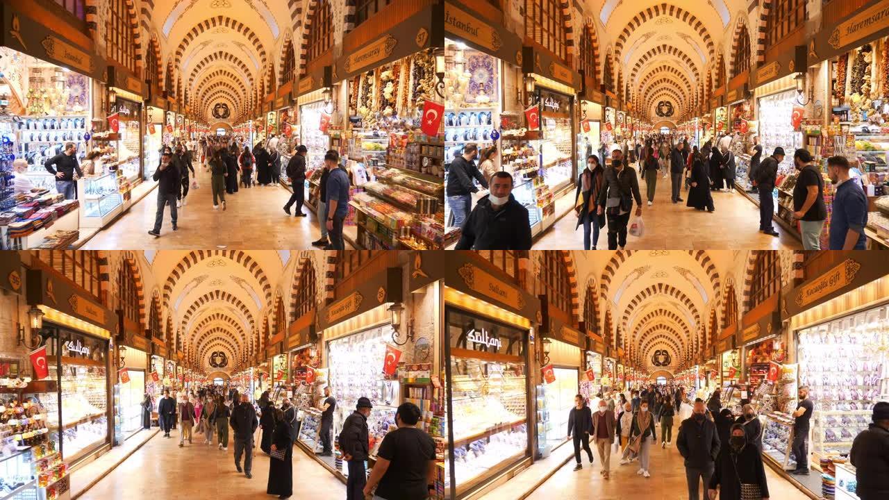 伊斯坦布尔市著名的大市场拥挤的室内慢动作全景4k土耳其