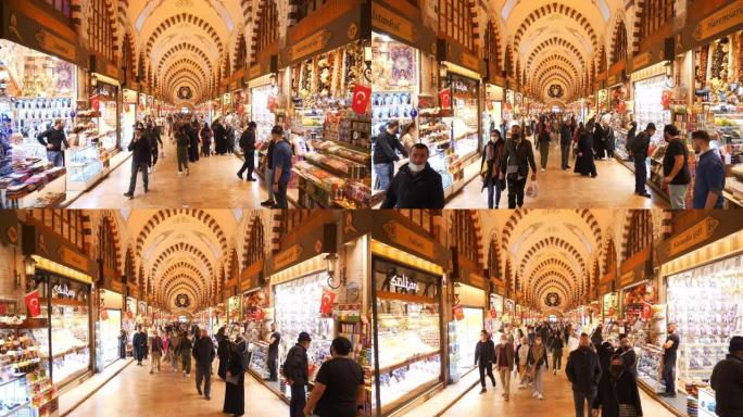 伊斯坦布尔市著名的大市场拥挤的室内慢动作全景4k土耳其