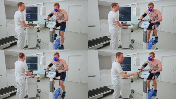LD医生监督一名男运动员在自行车上进行的心肺压力测试