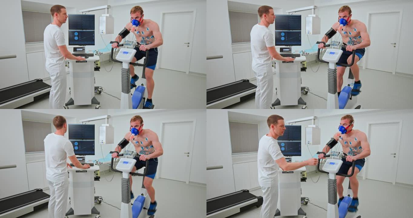LD医生监督一名男运动员在自行车上进行的心肺压力测试