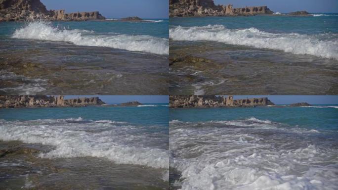 海浪以慢动作撞击岩石。