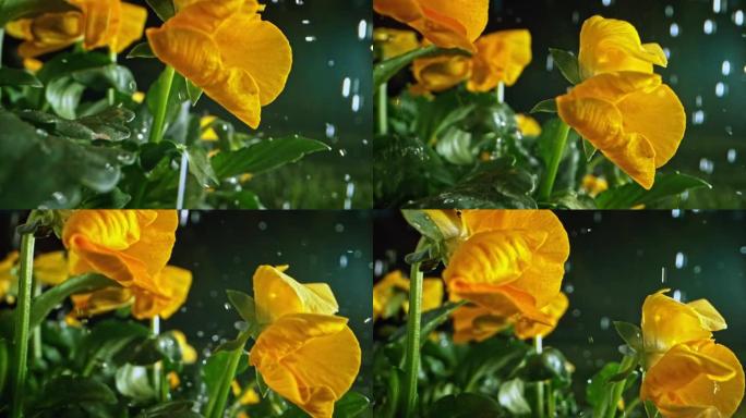SLO MO雨落在黄色花园三色堇上