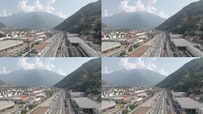 空中无人机拍摄山区火车站