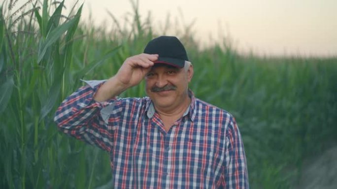 玉米地中一位老年农民的肖像看着相机并微笑着
